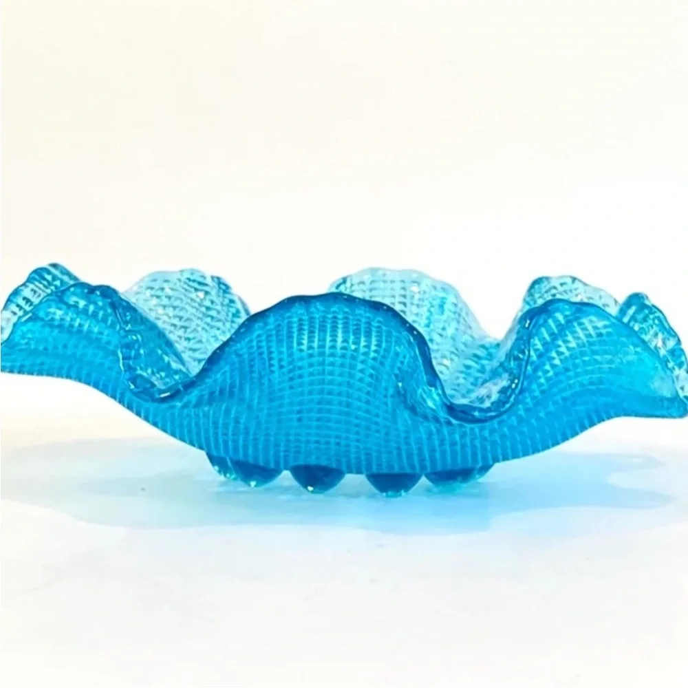 Vintage Italian Colony Waffle Ruffled Glass Dessert Bowls 1960s - Blue